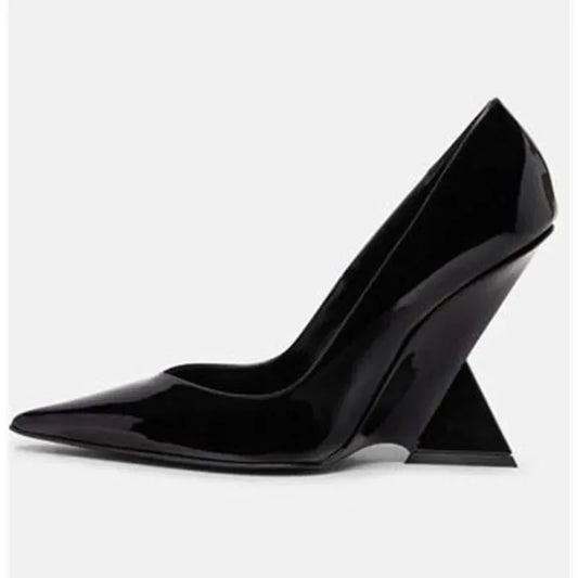 Summer 2024 New High Heels Thick Sole Thick Heel Lacquer Leather Shallow Mouth Pointed Fashion Sexy Women's Oversized Shoes