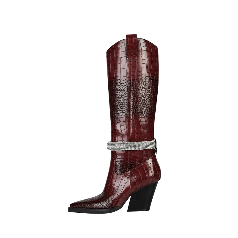 Kaky's New Water Diamond Pointed Thick High Heels Oversized Women's Boots Long Boots High Barrel Boots Western Boots 44 45 46