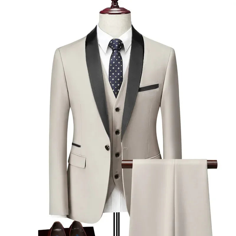 Men's Lapel Black Suit Set Coat Vest Trousers / Business Groomsmen Groom Wedding Dress Fprmal Blazer Pants
