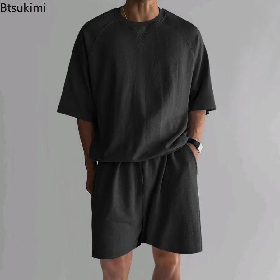 New 2026 Summer Men's Two Piece Sets Casual Loose Short Sleeve O Neck Tees and Shorts Tracksuits Men Stylish Solid Color Suits