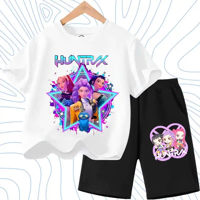 Kids Fashion Outfits Teen Children's O Neck Short Sleeve Tops Shorts 2pcs Summer Girls Casual T Shirt Sets K POP Cartoon Printed