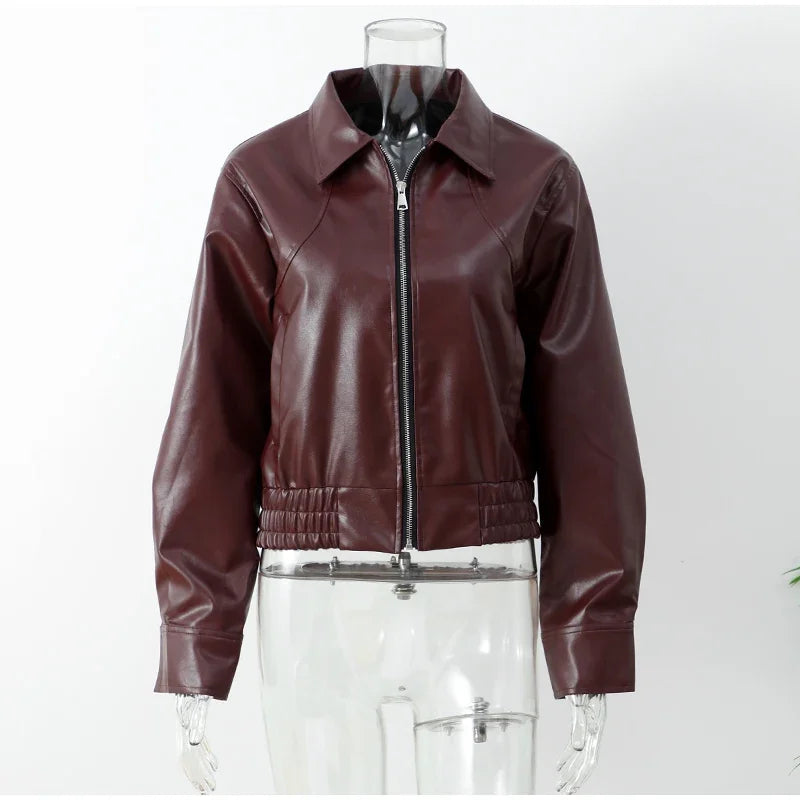 Casual Dark Red  Zipper Leather Short Jackets Women Long Sleeve Lace Up Lapel Loose Button Coat Lady Daily High Street Wear 2026
