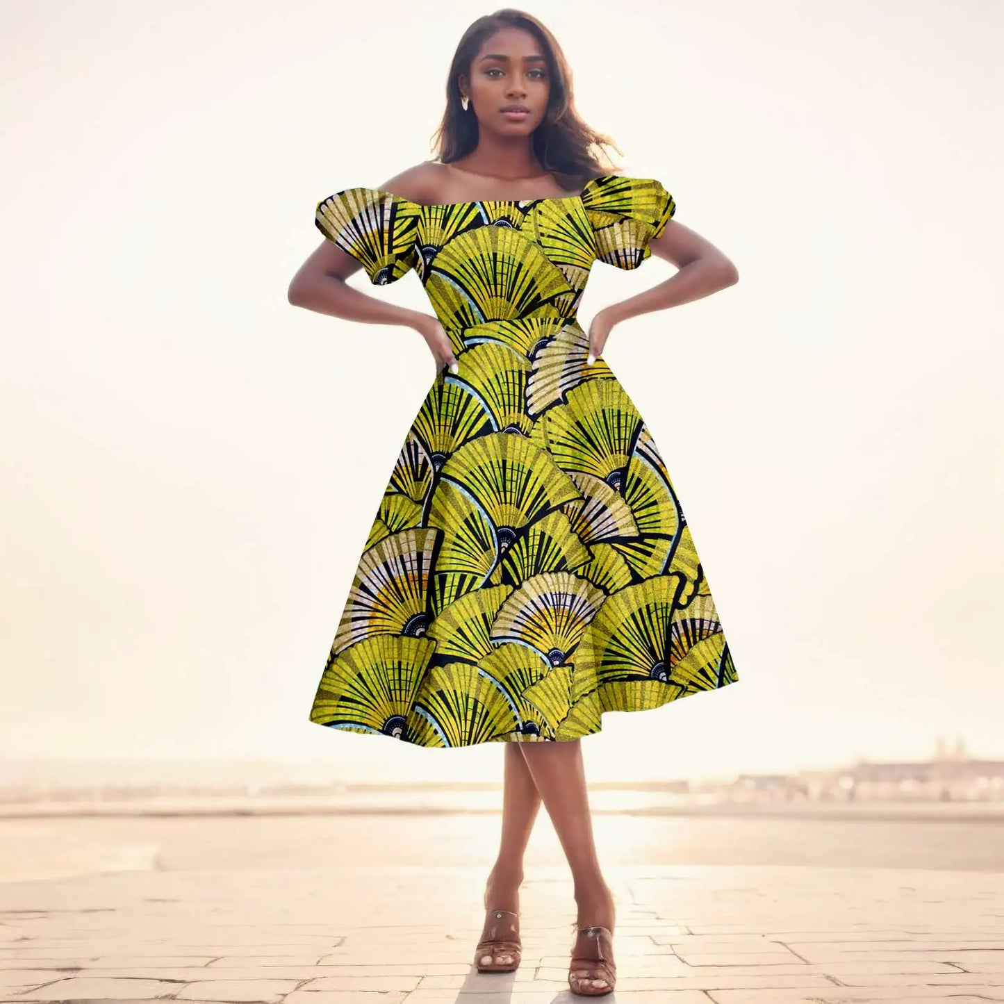 African Dresses for Women Short Sleeve High Waist Print Midi Dress Ankara Attire Traditional Outfit Elegant Fashion Wear 2425102