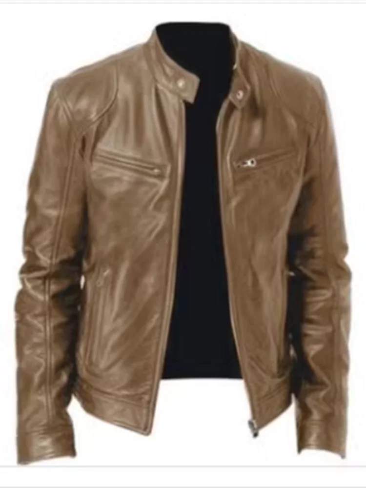 2023 Fashion Mens Leather Jacket Slim Fit Stand Collar PU Jacket Male Anti-wind Motorcycle Lapel Diagonal Zipper Jackets Men