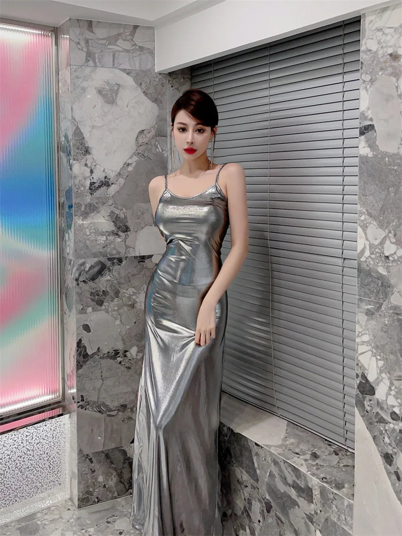Sexy Style Light Luxury Spicy Girl Liquid Bright Female Korean Indie Style Silver Dress Elegant Party Fashion TemperamentBMI6