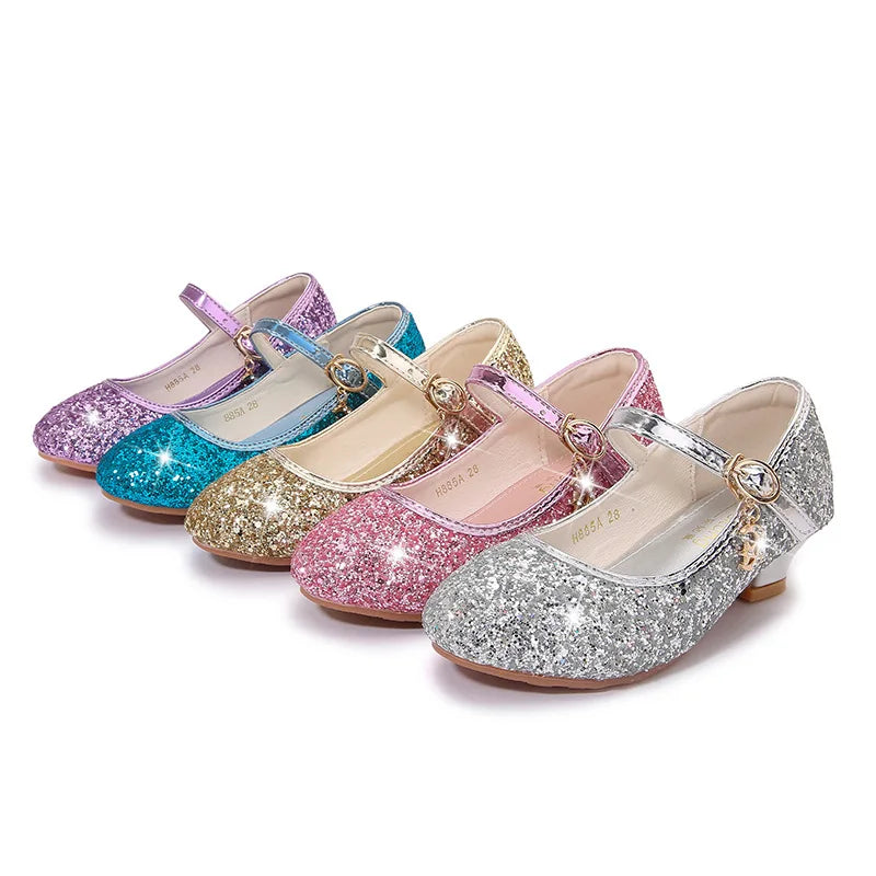 Classic Children High Heels Leather Shoes Fashion Sequins Elegant Kids Girls Wedding Shoes Princess Party Dress Single Shoes