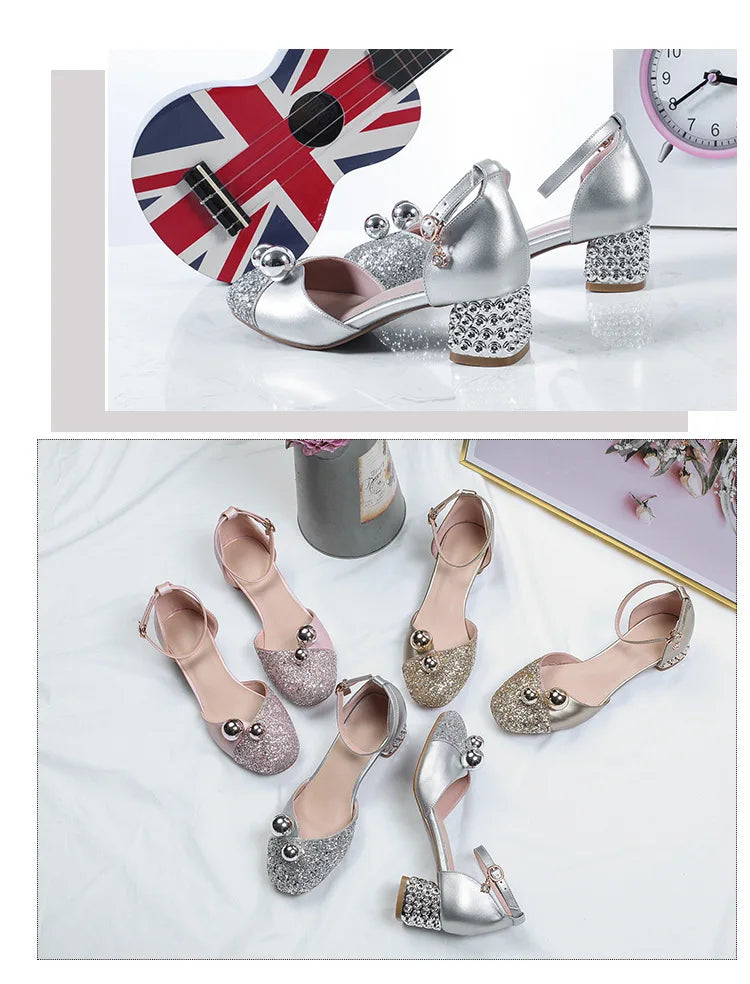 Princess Kids Leather Shoes Girls Sandal Sweet Pearl Casual Glitter Children High Heels Girls Party Dance Shoes Pink Gold Silver