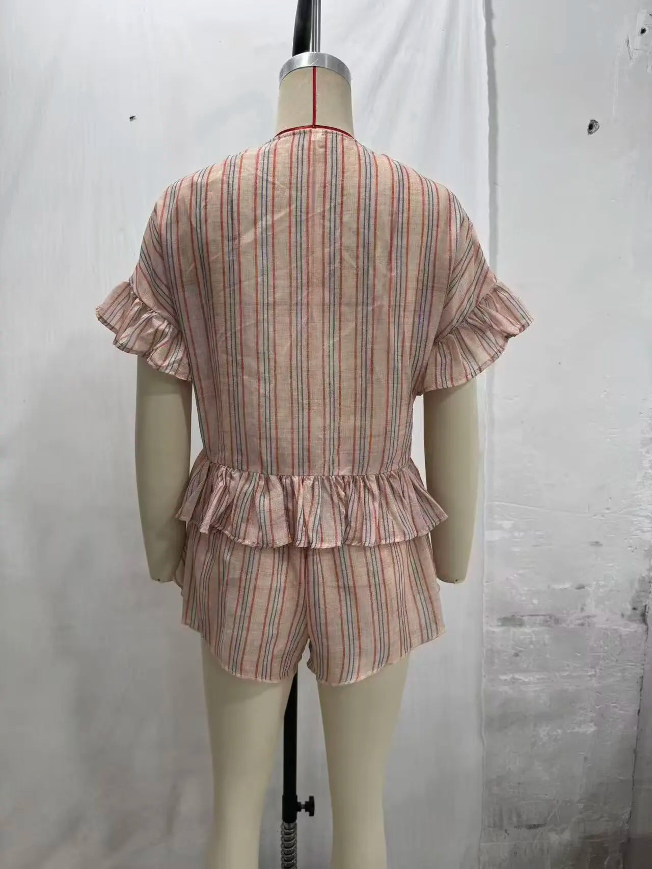 KONDALA Casual Striped Summer Woman Suits Lace-up V-Neck Shirt+ Drawstring Lace Shorts Fashion 2026 Female Elegant Tiered Sets
