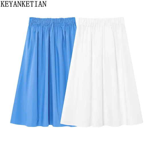 KEYANKETIAN 2025 New Women's Poplin MIDI Skirt Simple Style Elastic Waist Pockets Slim A Line Ankle-Length Skirt Solid Color