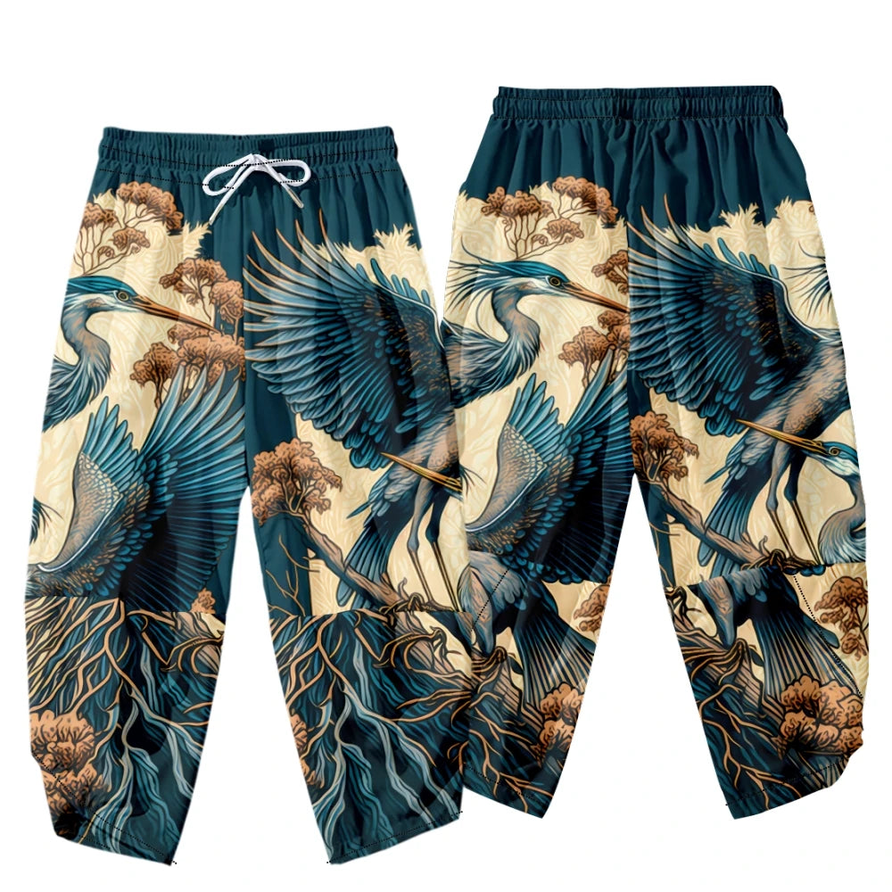 Men Yukata Style Harajuku Cardigan Traditional Japanese Great Wave of Kanagawa Crane Printed Trousers Asian Costume Kimono Pants