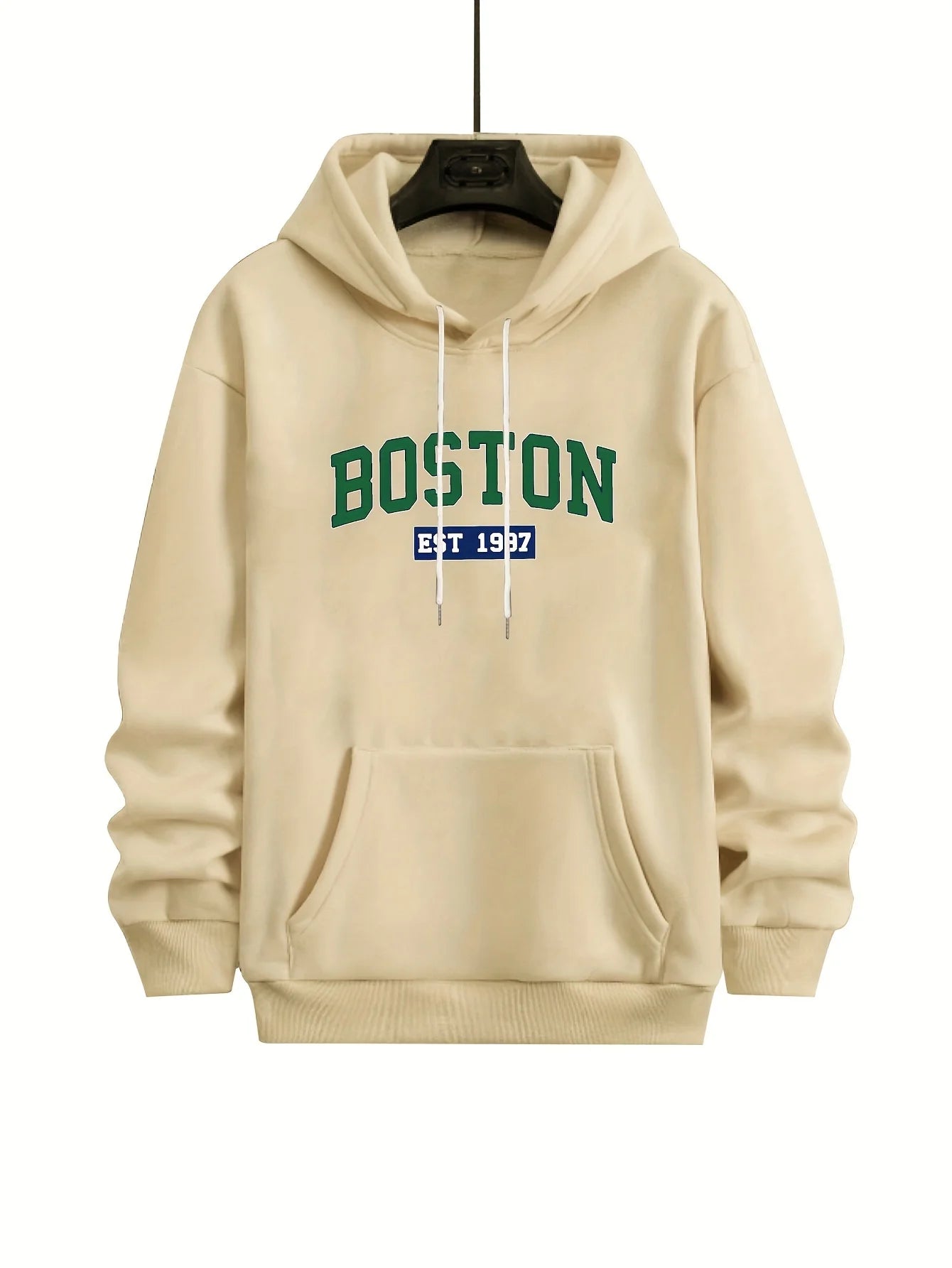 Men's autumn and winter casual fashion loose Boston est 1997 letter printed long sleeved warm hooded pullover