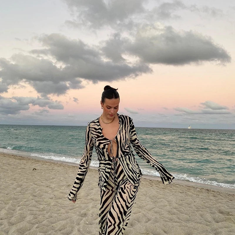Cryptographic Animal Print Mesh Sheer Stripe Tie Front Detail Top Matching Sets Fashion Outfits 2 Piece Sets Holiday Beachwear