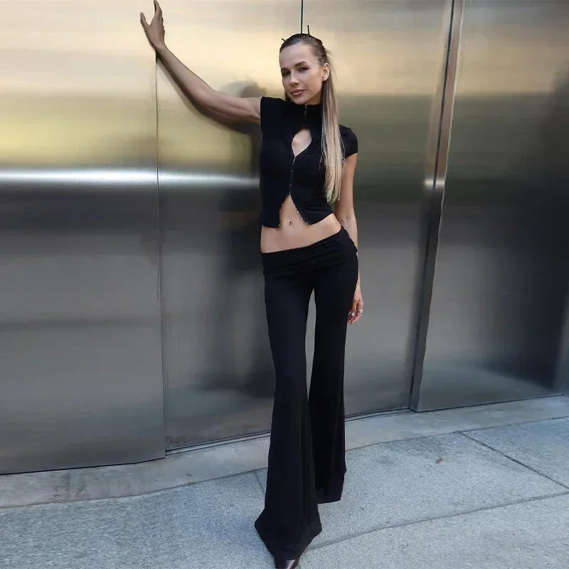 Y2k Black Hollow Out Slit Dress Women Solid Short Sleeve High Neck Slim Fit Maxi Dresses Lady Fashion Evening Party Club Robe