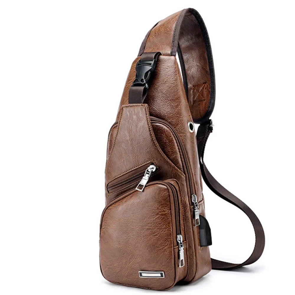 2024 Men's USB Chest Bag Designer Men Messenger Crossbody Package PU Leather Shoulder Bags Package Travel Chest Bag Bolso Hombre
