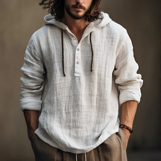 2025 New Men's Casual Blouse Cotton Linen Shirt Loose Tops Long Sleeve Tee Shirt Spring Autumn Casual Men's Shirts Hoodie