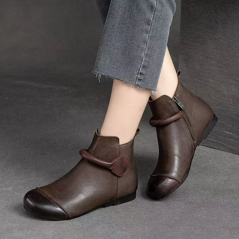 Retro Women Short Ankle Boots 2024 Autumn Winter Faux Cow Leather Slip-on Shoes Handmade Round Toe Light Weight Flat Booties