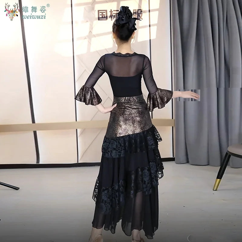 Women New Ballroom Dance Competition Clothing Black Long Sleeve Top Big Swing Skirt Suit Waltz Foxtrot Tango Modern Dance Dress