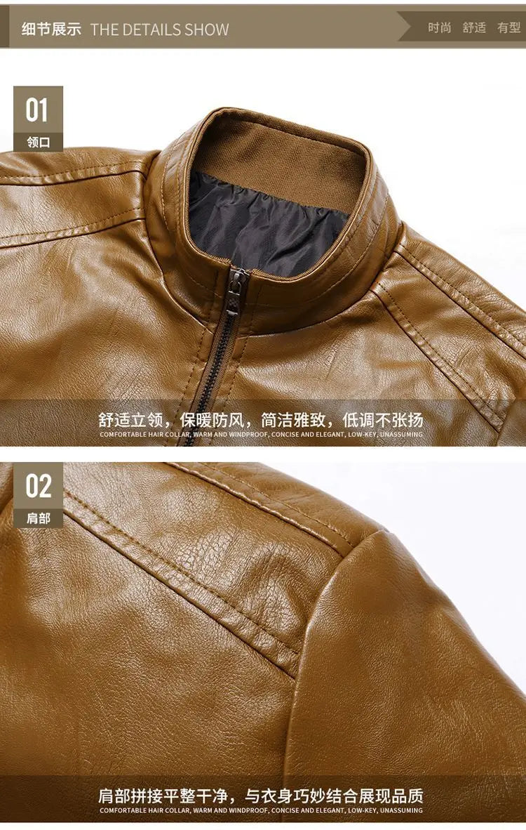 Trendy Casual Loose Jacket for Men with Velvet Thickened Winter with PU Leather Stand Collar