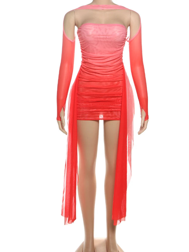 Sisterlinda Mesh Simple Mini Dress Fashion Solid Strapless Ribbons Tassel Body-shaping Vestidos+Seperately Full Sleeve Gloves