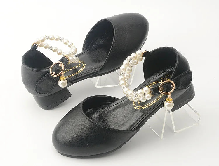 Pink Black White Party Wedding Shoes Children's High Heels Girl Shoe Elegan Pearl Princess Dress Girls Heel Shoes Child 2024 New