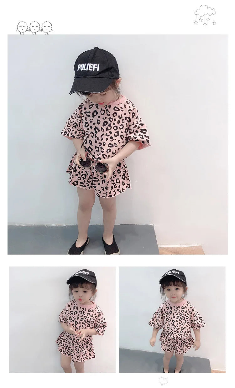 Fashion Baby Girls Sets Casual Summer Clothes Mother Kids Leopard Print Suit Cotton Short Sleeve T-shirt Pants Children's Set