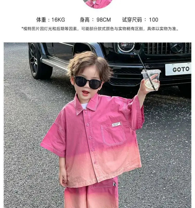 2026 New Boys Fashion Gradient Pink Shirt Shorts Set Loose Fit Casual Kids Two Piece Outfit Breathable Children's Streetwear 3-8