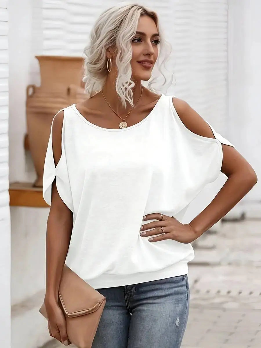Women's Tee Top Cold Shoulder Short Sleeve Solid Soft Knit Loose Tops Casual Tee Spring Summer Chic Tee Daily Breathable Tops