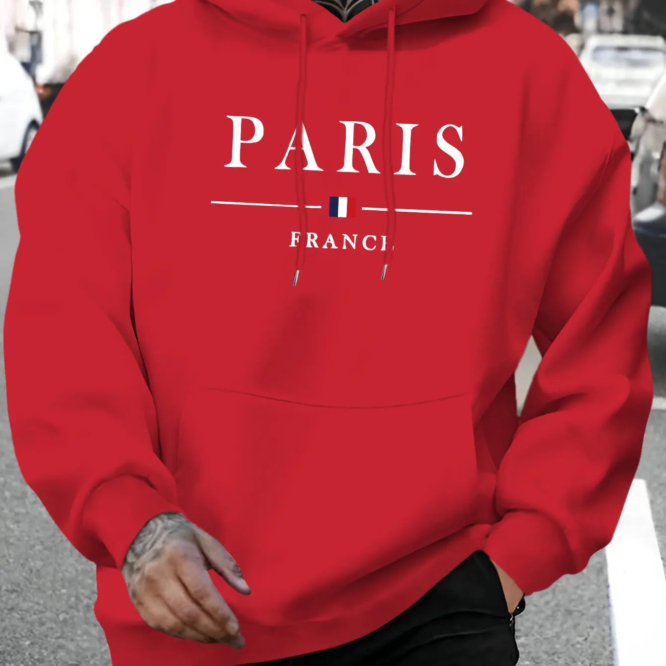 Men's autumn and winter casual fashion loose Paris letter pattern printed long sleeved hooded sweatshirt warm pullover BAZAARHUBO