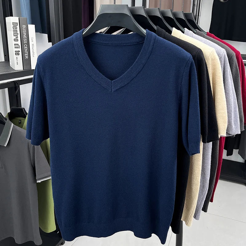 Mens V Neck Short Sleeve Wool Knit Pullover Soft Thin Knitwear For Business Office Daily Casual Spring Summer Basic Tops