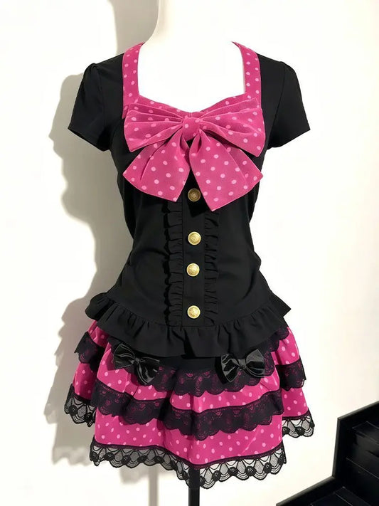 Kawaii Dresses 2-Piece Set Himekaji Y2k 2000s Slim Sexy Women's Dress Summer Punk Top+Mini Skirt Japanese Streetwear Preppy Chic