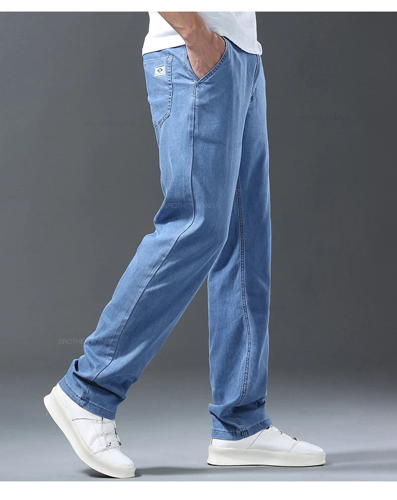 Lyocell Ice Silk Jeans Men's Summer Ultra-thin Loose Straight Denim Pants Soft Comfortable Brand Male Light Blue Trousers