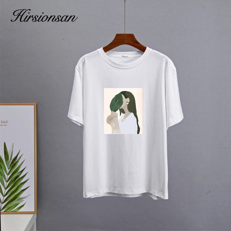Hirsionsan Harajuku Printed T Shirt Women 2023 Summer Chic Tees 100% Cotton Elegant Graphic Clothes Loose Casual Pullover Tops