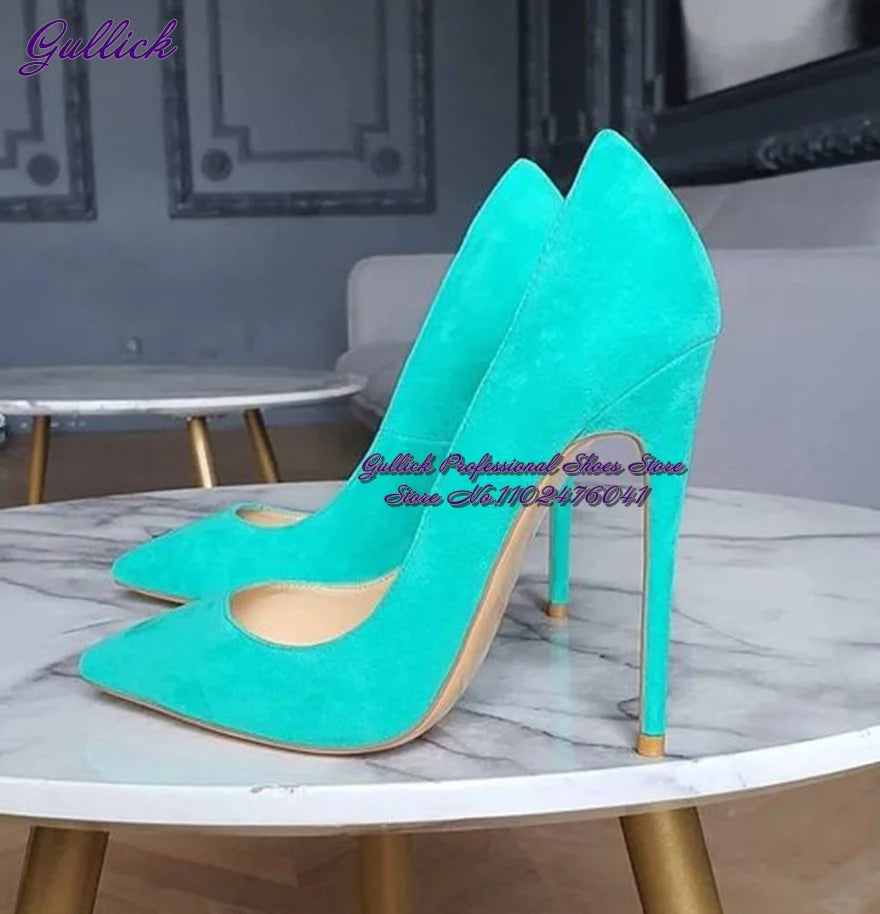 Gullick Women Hot Pink Suede High Heel Shoes 12Cm 10Cm 8Cm Stilettos Slip-On Pointed Toe Wedding Shoes Shallow Pumps Size45
