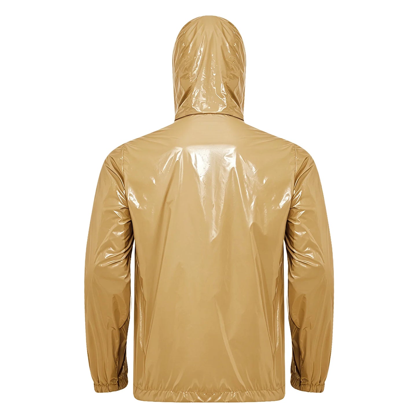 Men Shiny Glossy Hooded Jacket Windbreaker Raincoat for Hiking Fishing Biking Long Sleeve Front Zip-up Drawstring Hood Outerwear