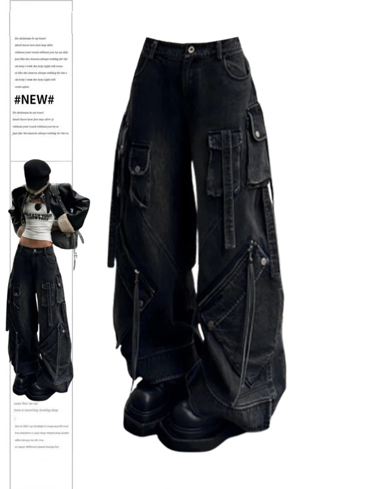 Women Black Gothic Baggy Cargo Jeans Harajuku Oversize Denim Trousers Y2K