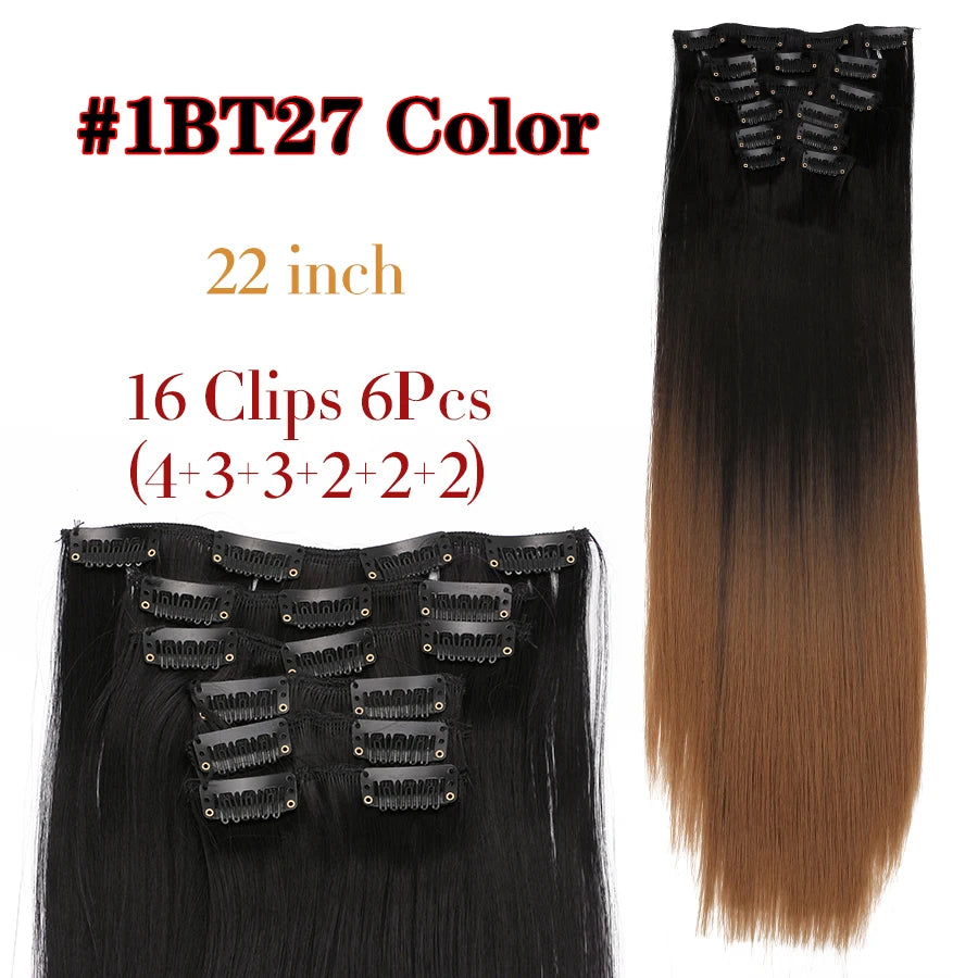 22 Inches Synthetic Long Straight Hairstyle 16 Clips 6Pcs/Set Hair Extensions Blonde Black Hairpieces Heat Resistant For Women