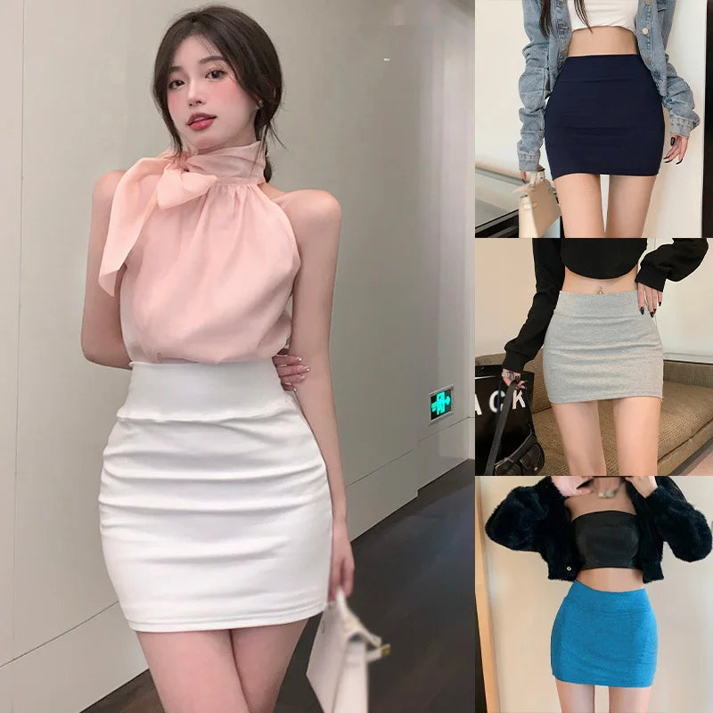 Women High Waist Skirt Elastic Waist Korean Style Solid Color Knee Length