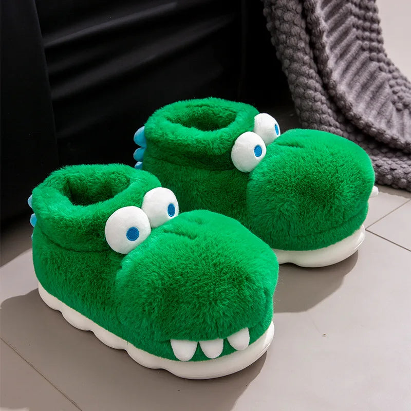 Unisex Men's Cartoon Animal Furry Bedroom Boot Shoes Warm Novelty Outdoor Slipper with Grippers New Adults Fun Alligator Slipper