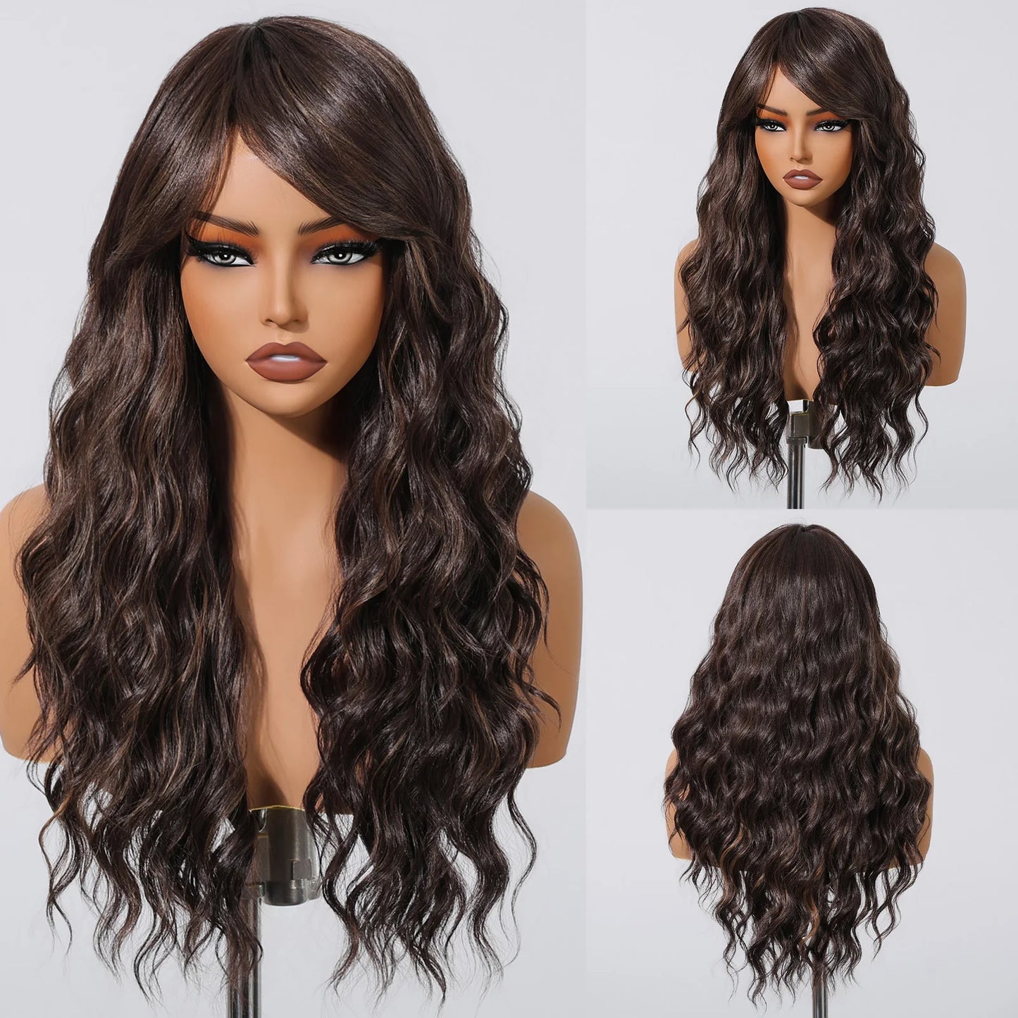 EASIHAIR Dark Brown Long Curly Synthetic Wig with Bangs Brown Women's Wigs for Cosplay Daily Use Heat Resistant Natural Hair
