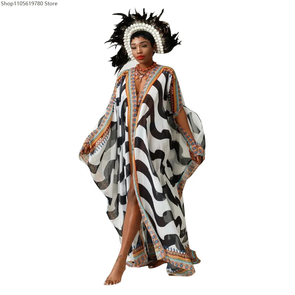 African Dresses for Women See-Through Chiffon Sexy V-neck Bohemian Printing Maxi Dresses Africa Kimono Bikini Holiday Beachwear