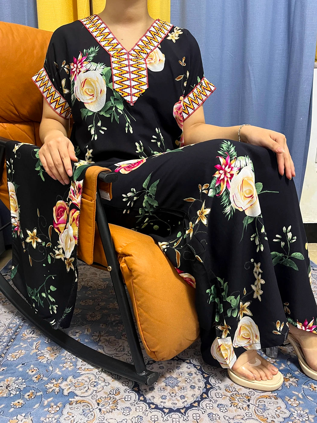 Abayas For Women 2023 Dubai  Fashion Printed Flower Cotton V-neck Slim Fit Short Femme Robe African Woman Dresses With Headscarf