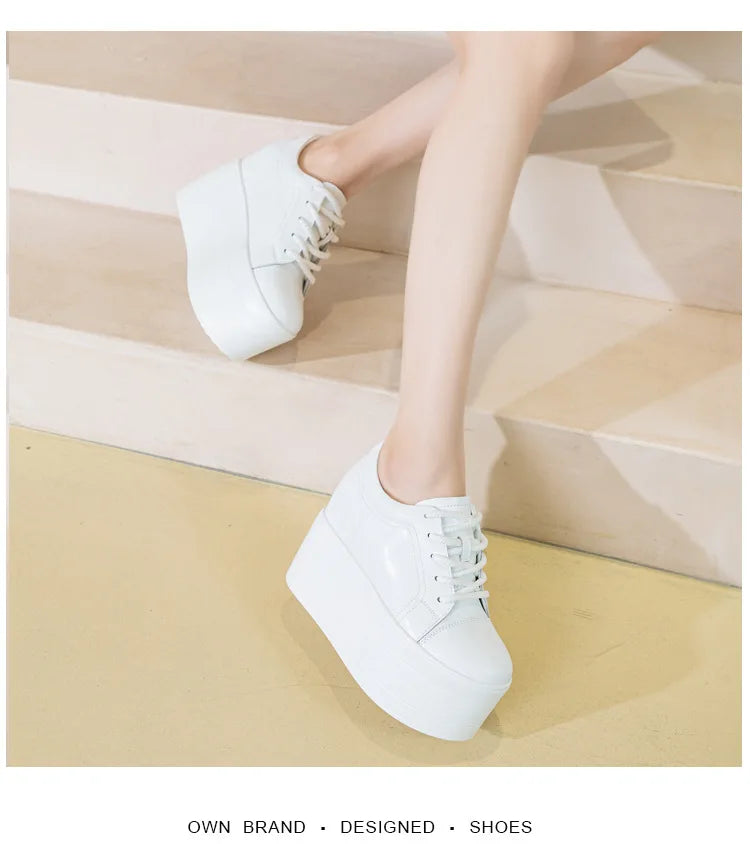 Fujin 12cm Genuine Leather Synthetic Women Autumn Spring Platform Wedge Women Fashion Sneakers Chunky Shoes Vulcanize Skateboard