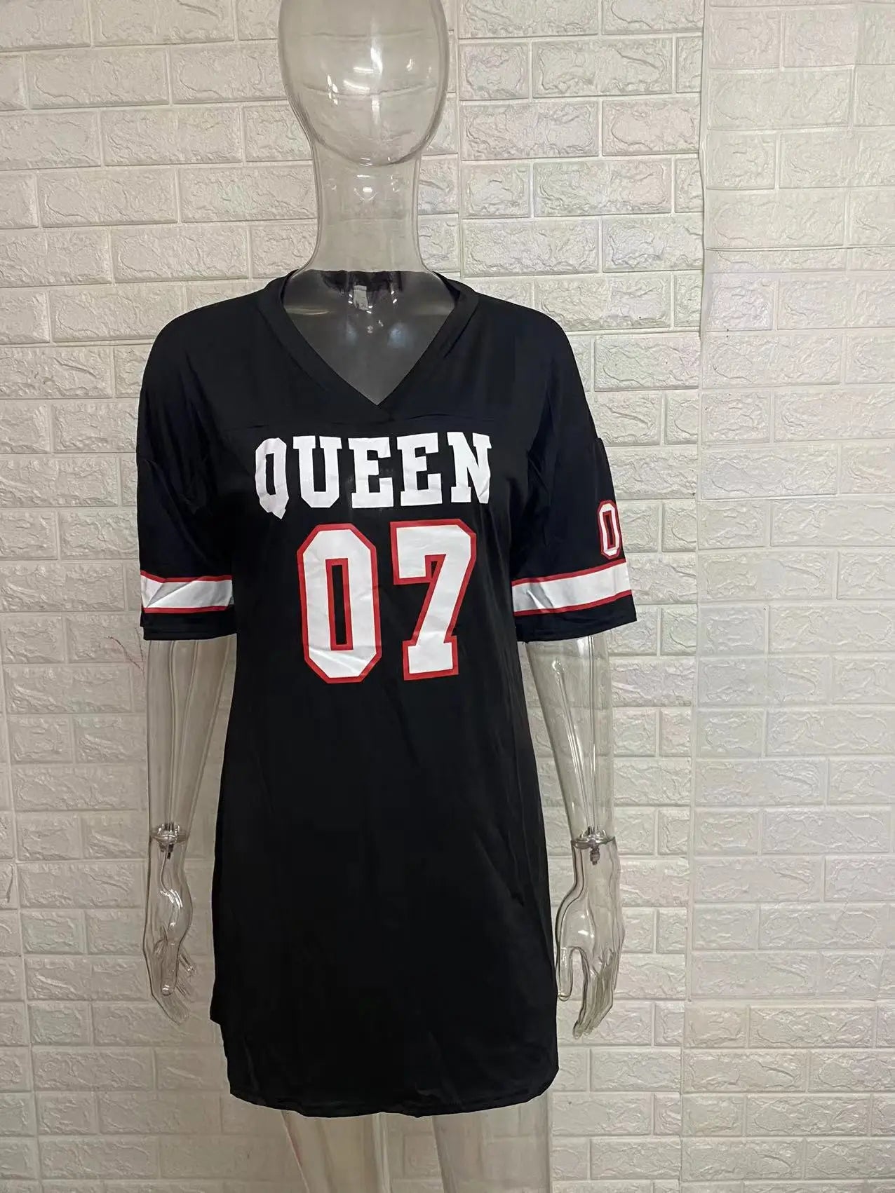 2025 New Fashion V-Neck Queen Letters Print Dress Short Sleeve Basketball Sporty Style Sexy Loose Female Clothing Streetwear