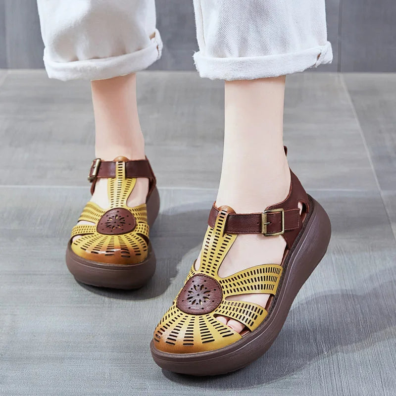GKTINOO Genuine Leather Shoes Women Sandals Mixed Colors Retro Buckle Strap 2026 New Wedges Handmade Concise Platform Sandals