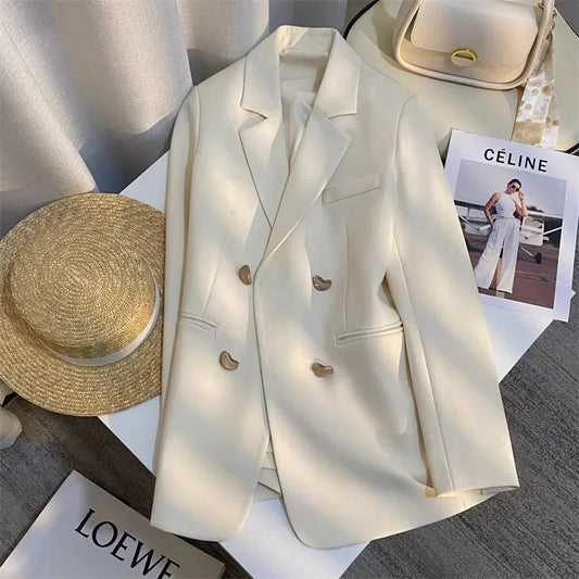Vintage Double-breasted Blazers Jacket Women Elegant Temperament Metal Buttons Blazer Coat Ladies Long Sleeve Black Outerwear