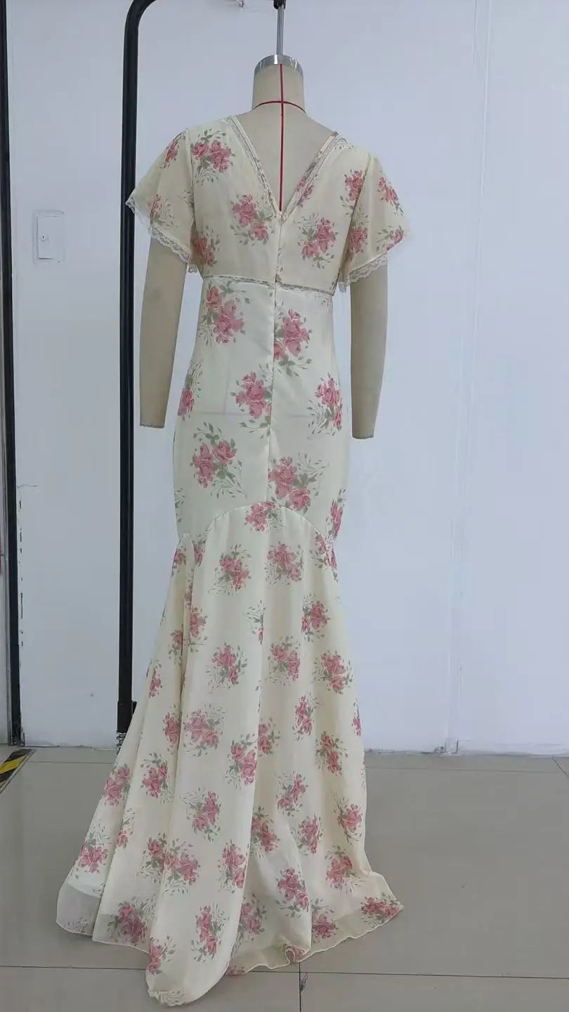 Chic Floral Puff Sleeve Women Maxi Dress Sexy V Neck Button Down Ruffle Slit Vestidos 2026 Summer New Lady Daily Party Sundress