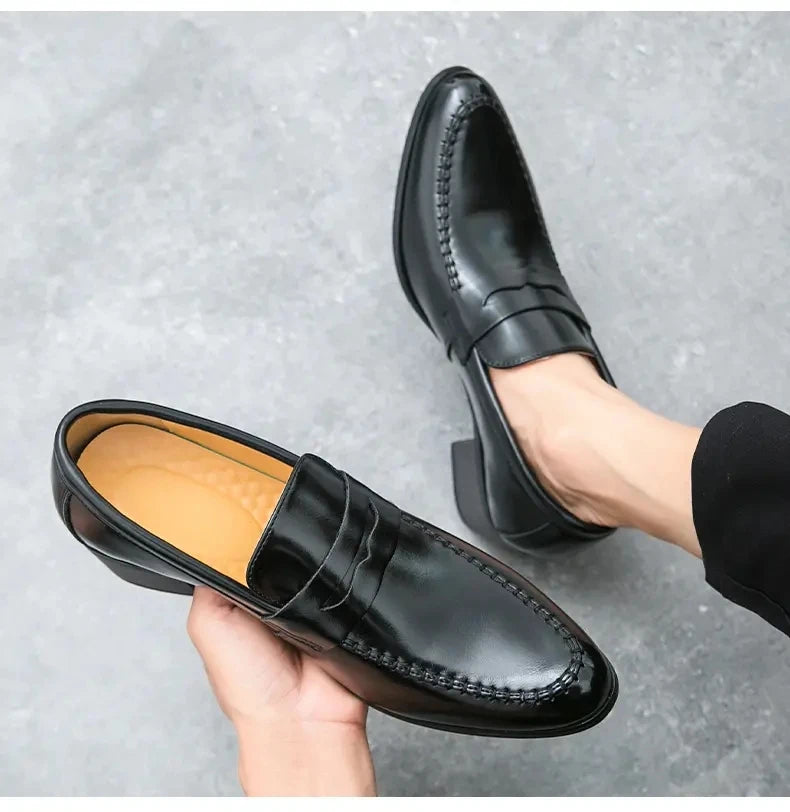 Men Retro Dress Shoes Black Brown Medium High Heels European and American Business Banquet Cuban Leather Shoes Size 38-45