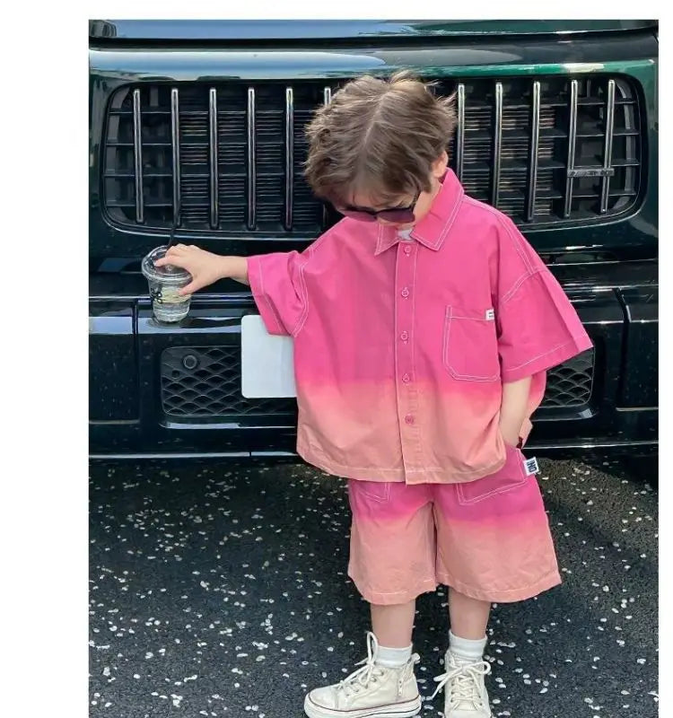 2026 New Boys Fashion Gradient Pink Shirt Shorts Set Loose Fit Casual Kids Two Piece Outfit Breathable Children's Streetwear 3-8