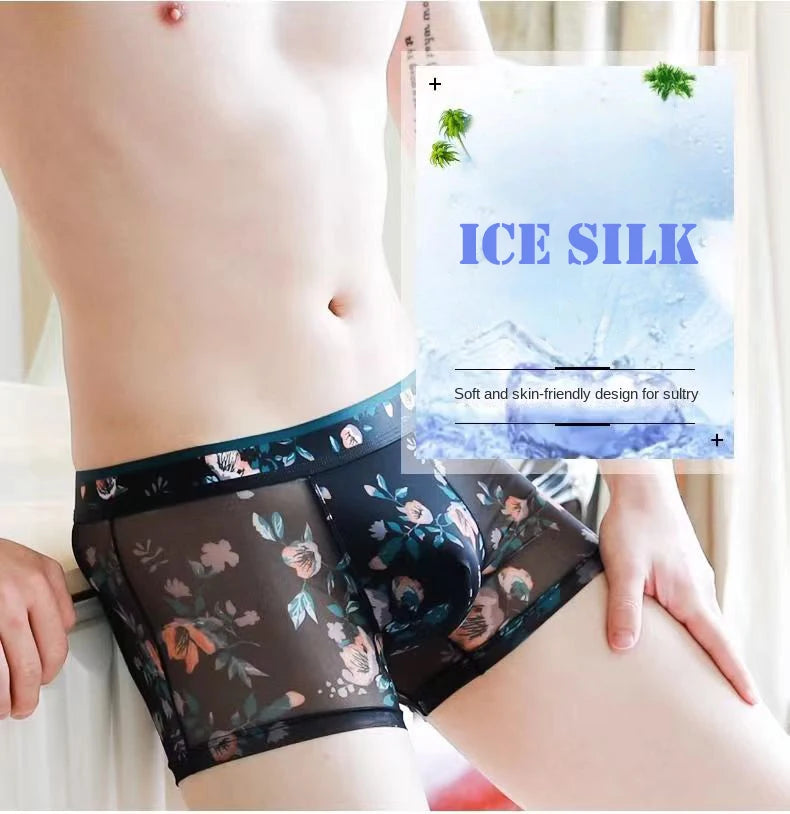 1pcs Sexy Mesh Boxer Men Underwear See Through Transparent Shorts Male Print Panties Plus Size Underpants U Convex Lingerie 6XL
