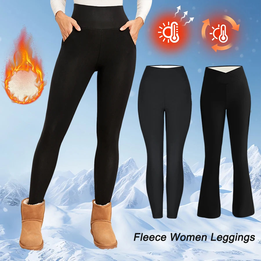Fleece Women Leggings by Bazaarhubo, high-waisted thermal tights, black; 3-pack